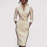 Nora™ | Verfeinertes Schwarzes Kleid mit Gürtel und Mandarin-Kragen