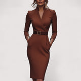 Nora™ | Verfeinertes Schwarzes Kleid mit Gürtel und Mandarin-Kragen