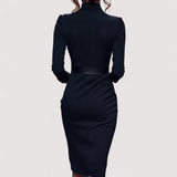 Nora™ | Verfeinertes Schwarzes Kleid mit Gürtel und Mandarin-Kragen