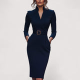 Nora™ | Verfeinertes Schwarzes Kleid mit Gürtel und Mandarin-Kragen