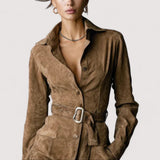 Elvia™ | Wildleder Einreiher Revers Langarm Midi Kleid