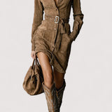 Elvia™ | Wildleder Einreiher Revers Langarm Midi Kleid