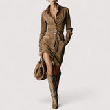 Elvia™ | Wildleder Einreiher Revers Langarm Midi Kleid