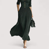 Lorien™ | Elegantes, plissiertes Revers-tailliertes Maxikleid mit langen Ärmeln
