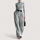 Nolia™  | Weisses Trim High-Neck Langarm-Top mit Weitbein-Hosen und Gürtel-Set