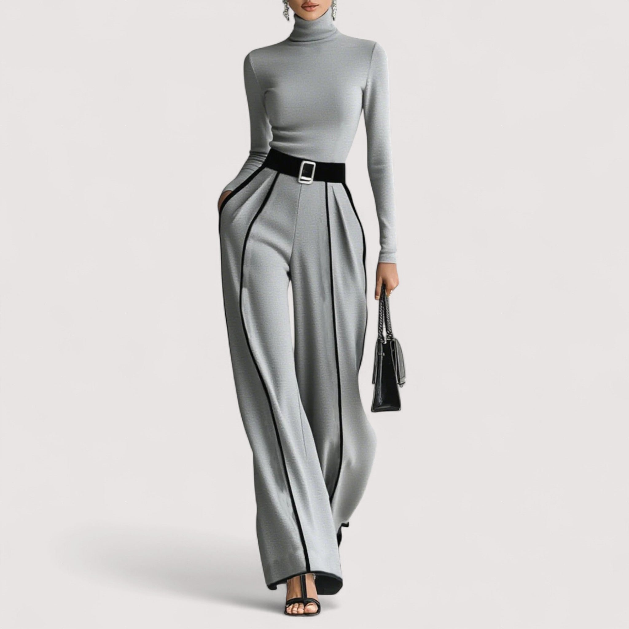 Nolia™  | Weisses Trim High-Neck Langarm-Top mit Weitbein-Hosen und Gürtel-Set