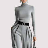 Nolia™  | Weisses Trim High-Neck Langarm-Top mit Weitbein-Hosen und Gürtel-Set