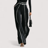 Nolia™  | Weisses Trim High-Neck Langarm-Top mit Weitbein-Hosen und Gürtel-Set