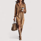 Calina™ | Lockeres Cord-Doppel-Brusttaschen-Midi-Kleid mit Ein-Knopf-Verschluss