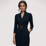 Nora™ | Verfeinertes Schwarzes Kleid mit Gürtel und Mandarin-Kragen