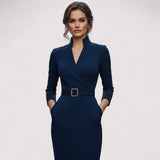 Nora™ | Verfeinertes Schwarzes Kleid mit Gürtel und Mandarin-Kragen