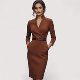 Nora™ | Verfeinertes Schwarzes Kleid mit Gürtel und Mandarin-Kragen