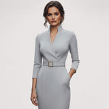 Nora™ | Verfeinertes Schwarzes Kleid mit Gürtel und Mandarin-Kragen