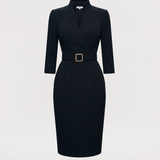 Nora™ | Verfeinertes Schwarzes Kleid mit Gürtel und Mandarin-Kragen