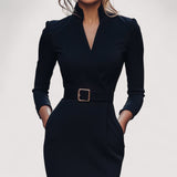 Nora™ | Verfeinertes Schwarzes Kleid mit Gürtel und Mandarin-Kragen