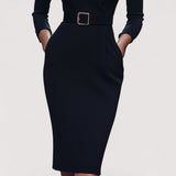 Nora™ | Verfeinertes Schwarzes Kleid mit Gürtel und Mandarin-Kragen